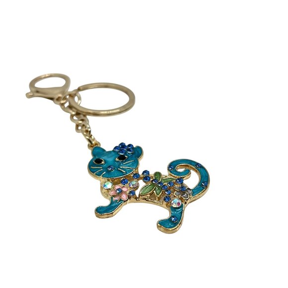 3/$30 CAT KEYCHAIN GOLD TONE BLUE ENAMEL RHINESTONE KITTY BAG CHARM NWT GIFT - Picture 4 of 10